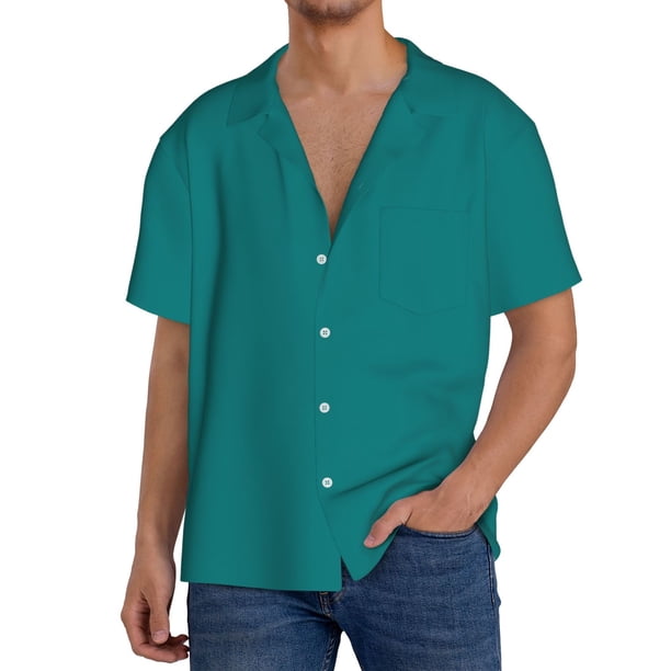 Fotbe Teal Camisa Estampada de Manga Corta para Hombre, Casual de Verano, Estilo Playero, Sin Arrugas-Small