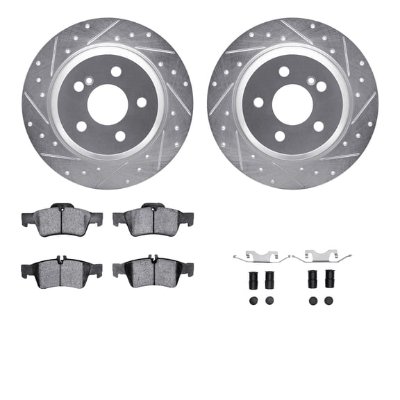 Dynamic Friction Company Rear Brake Rotors-Drilled and Slotted-Silver with 5000 Advanced Brake Pads includes Hardware 7512-63055
