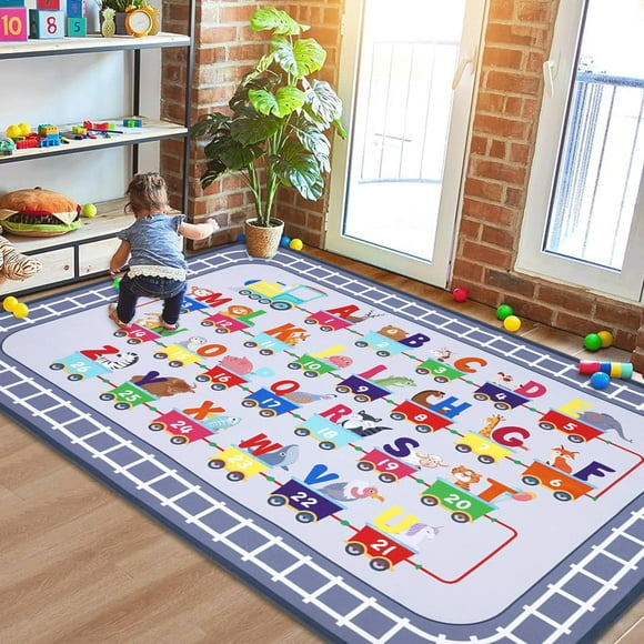 HiiARug Tapis de Jeu pour Enfants ABC Alphabet Chiffres Train et Route Tapis Éducatif Tapis de Jeu Antidérapant Tapis de Crèche Tapis pour Enfants pour Salle de Classe Décoration (Gris, 5'x7')