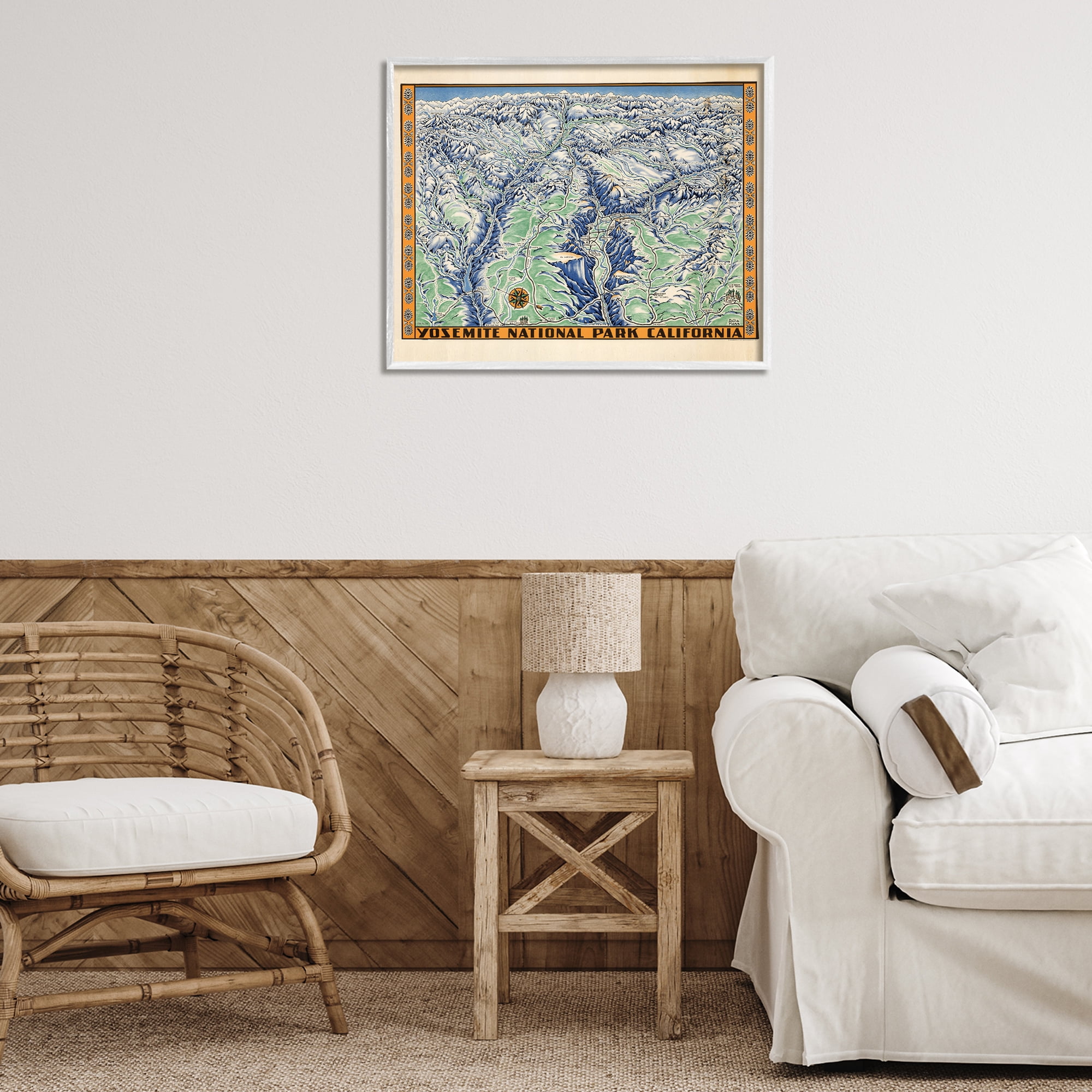 Stupell Industries Vintage Yosemite Map Travel & Places Painting White Framed Art Print Wall Art, 30 x 24