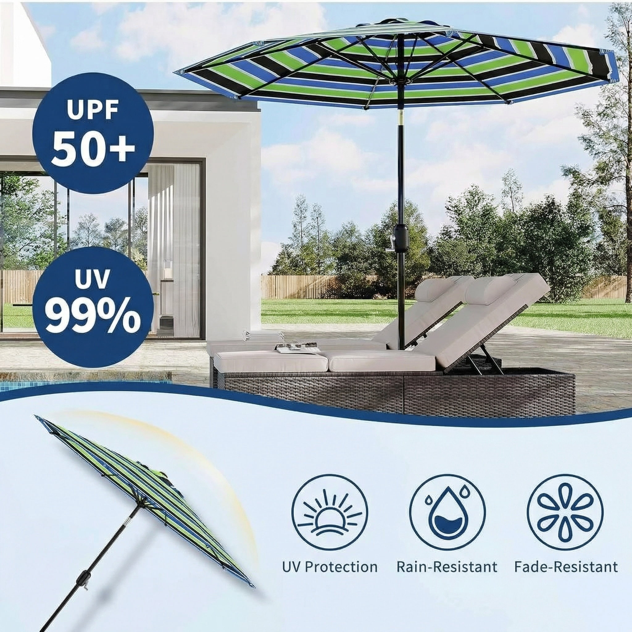 9FT Outdoor Patio Umbrella,Table Market Umbrella with Push Button Tilt and Crank,Tricolor Stripe