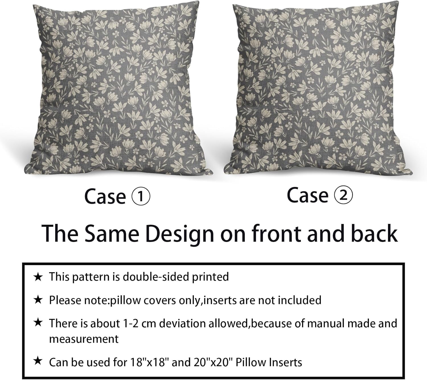 Vintage Flower Pillow Covers 18x18 Set of 2 Rustic Cute Small Floral Black Brown Old Style Decorative Throw Pillows Outdoor PillowCase Farmhouse Linen Cushion Case Decor for Home Sofa Couch Bed