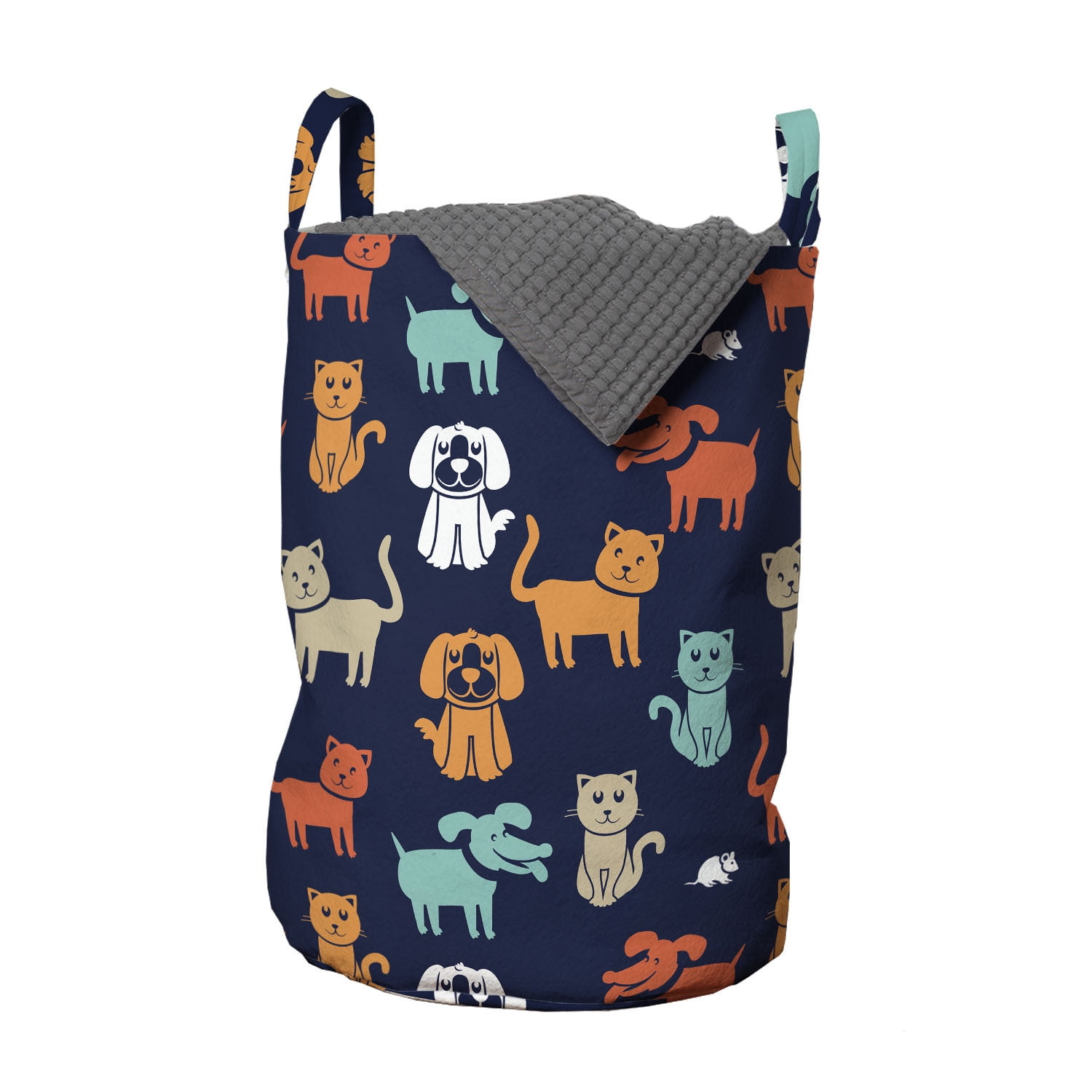 Animals Laundry Bag, Cartoon Style Cat Dog and Mouse Silhouettes Funny