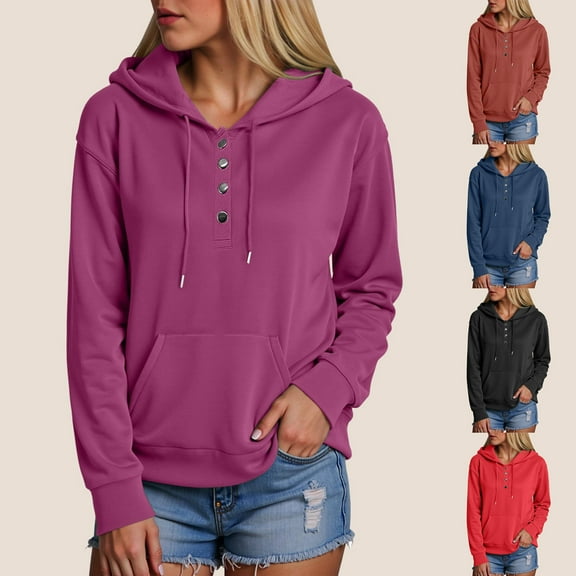 idosla Womens 2025 Hoodies Button Collar Drawstring Hooded Pullover Sweatshirt Casual Long Sleeve Tops Shirts (Purple, XL)