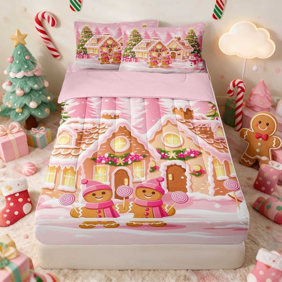Manfei Nutcracker Zipper Twin Comforter Sets with Fitted Sheet and 2 Pillowcases Christmas Zipper Bedding Set, Lilac White, Pink Reversible