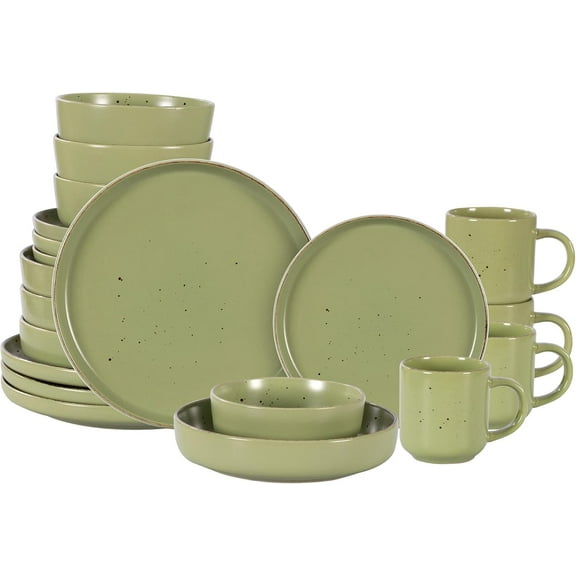 HomeVss, Nordic Shape Rising Rim Stoneware 20pc Dinnerware Set, Matte Green with Speckle Finished Effect