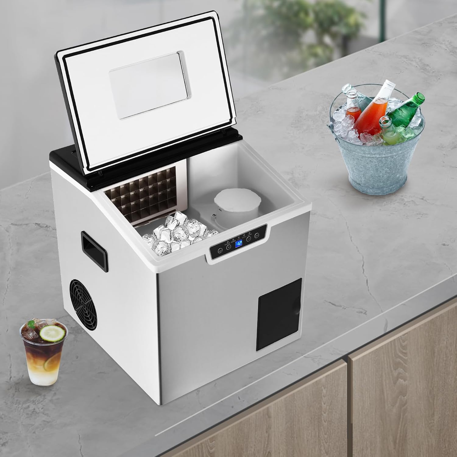 2-in-1 LCD Display Countertop Ice Maker Machine, 32PCS in 12-22 Mins Fast Ice Cube & Crushed Ice Maker, 2 Ways to Add Water Auto-Cleaning Portable Ice Makers for Home, Office & Coffee Shop