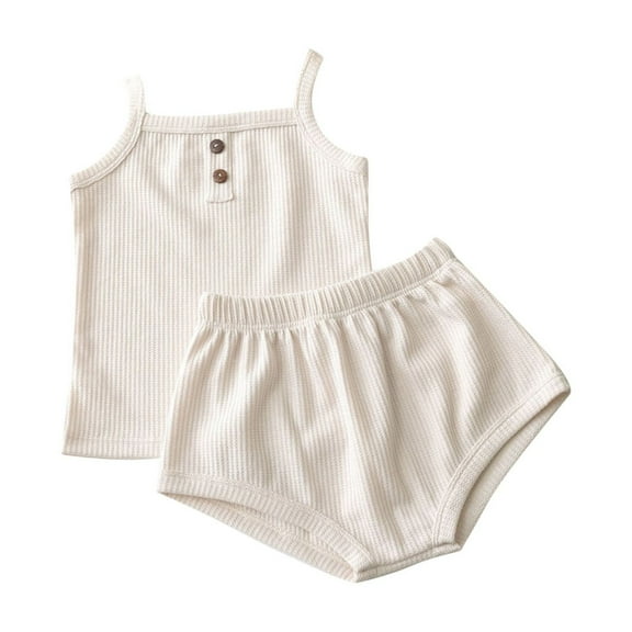 Odeerbi 9M-4Y Toddler Girls Summer Outfits Rib Knit Camisole Tops Bloomers Diaper Cover Shorts Two-piece Set Solid Color Home Wear Suit Toddler Girls Clothes