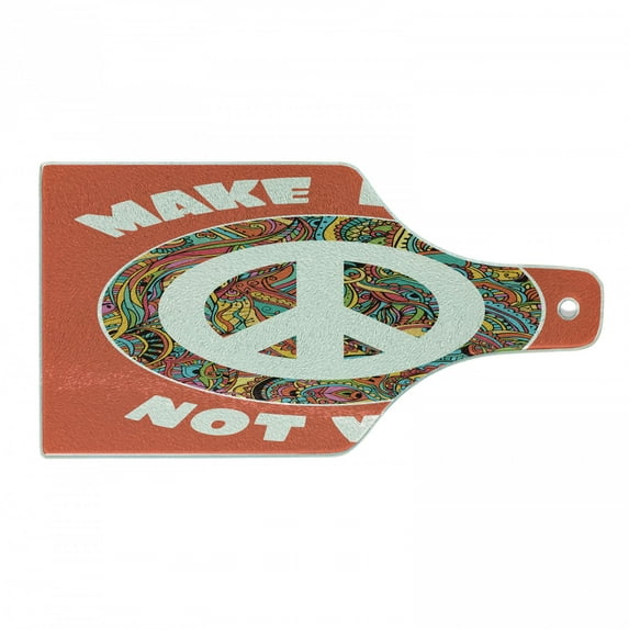 Groovy Cutting Board, Hippie Style Ornamental Creative Youth History Politics Make Love Message Text, Tempered Glass Cutting and Serving Board, Wine Bottle Shape, Coral Multicolor, by Ambesonne