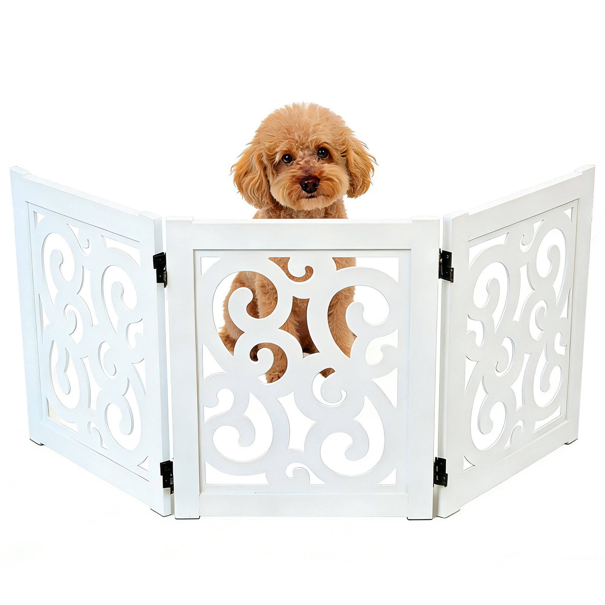 Ashfield & Harkness: 3-Panel Pet Gate - Scroll White - Wooden Foldable Freestanding Fence, Small Dogs & Puppy, 48 x 19.3", Indoor-Doorway-Halls-Stairs