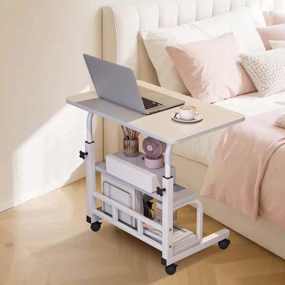 Standing Desk Mobile Adjustable Height with Wheels and Storage Shelves, Compact Laptop Table Ergonomic Workstation for Home Office School White 80x40CM