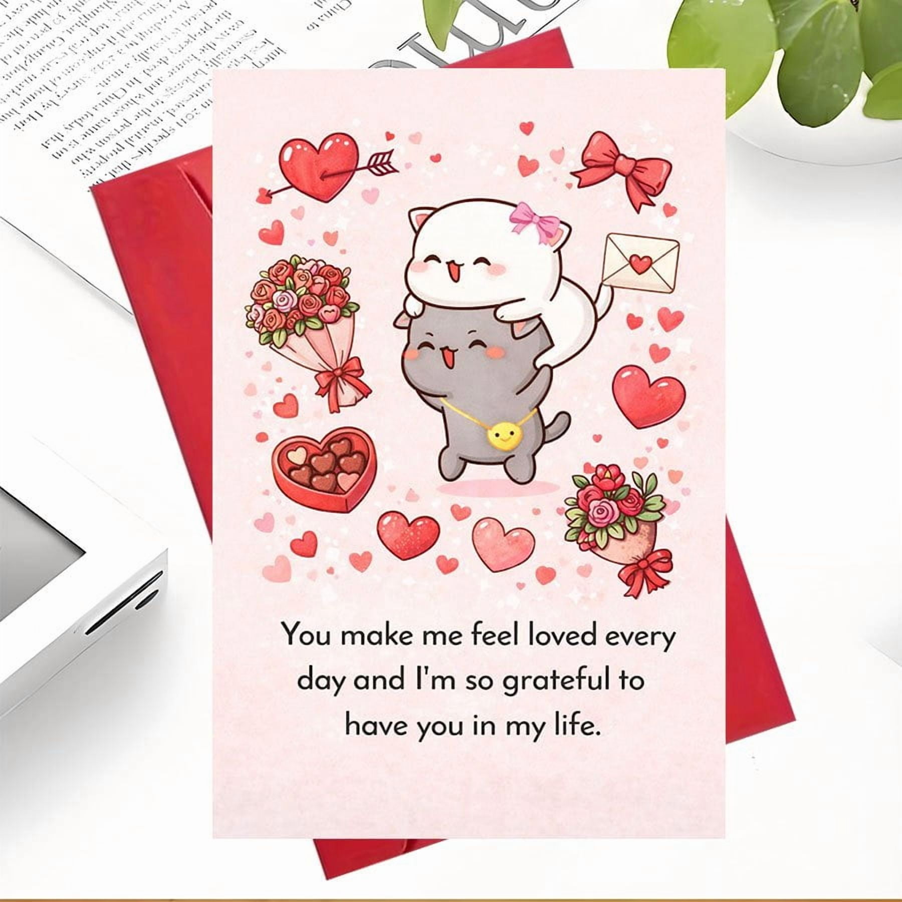 Cute Cat Love Card – You Make Me Feel Loved – Adorable Design with Hearts Flowers & Envelop Included – Perfect for Anniversaries Valentine s Day or Any Special Occasion