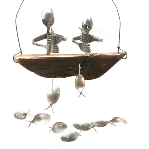 Hot Sale Fishing Man Spoon Fish Sculptures Wind Chime Indoor Outdoor  Hanging Ornament Decoration 