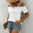 thumbnail image 2 of MIXUE Womens Summer Tops Solid Color Spaghetti Strap Off Shoulder Short Sleeve Tshirts Outwear,White,XL, 2 of 5
