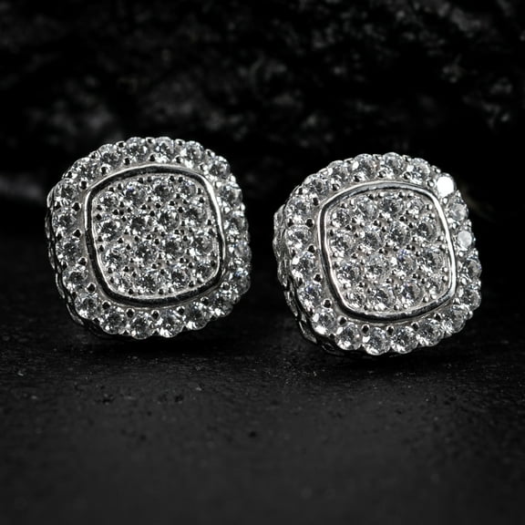 Men's 925 Sterling Silver Iced Cz Flower Set Cluster Cz Stud Screw Back Earrings