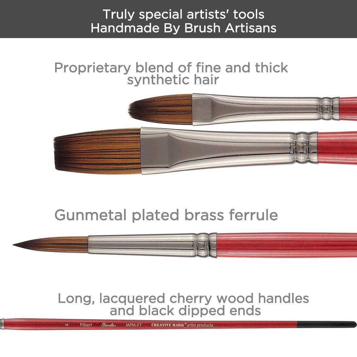 Creative Mark Staccato Artist Paintbrush - Assorted Shapes and Sizes - Bulk Pack of 72 - Synthetic Long Handled Brushes For Acrylic Paints, Handmade and Full Bodied With Springy Response