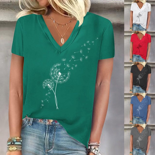 Fiudx Ofertas Del Día Blusas Informales de Manga Corta con Cuello En V y Estampado a La Moda para Mujer