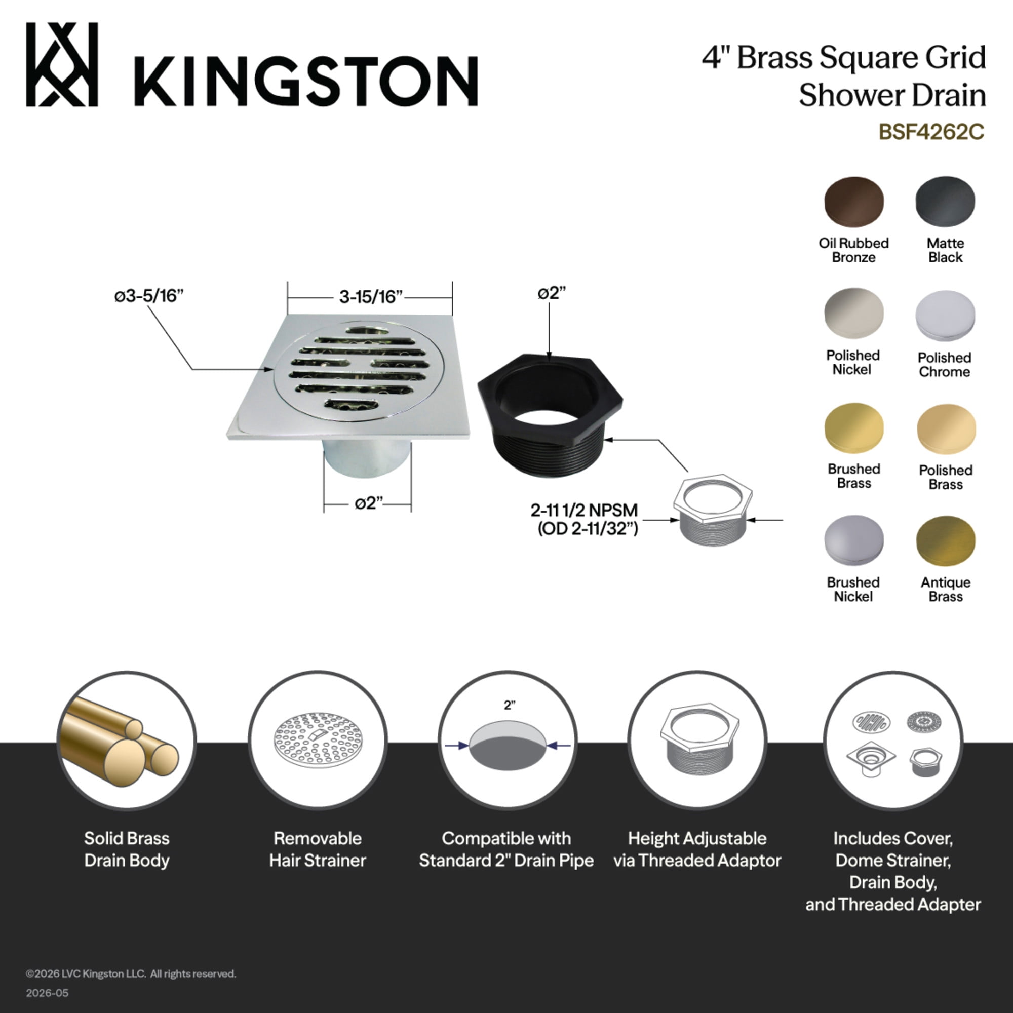Kingston BSF4262ORB Watercourse Symmetric 4-Inch Brass Square Grid Shower Drain with Hair Strainer in Oil Rubbed Bronze