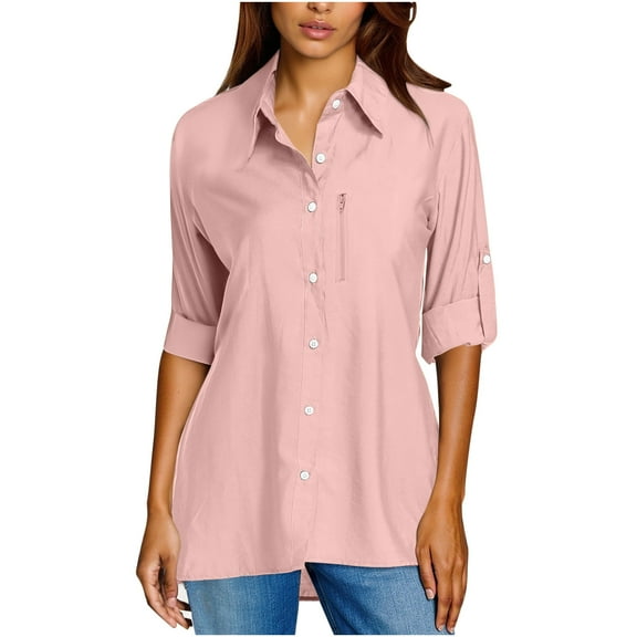 Htigea Women's Long Sleeve Sun Shirts Quick Dry Outdoor Fishing Hiking Travel Shirt Lightweight Button Down Tops Pink S