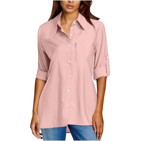 FRSASU Women s Long Sleeve Sun Protection Button Shirts Quick Dry Outdoor Fishing Hiking Travel Solid Shirt Pink XXL(XXL)