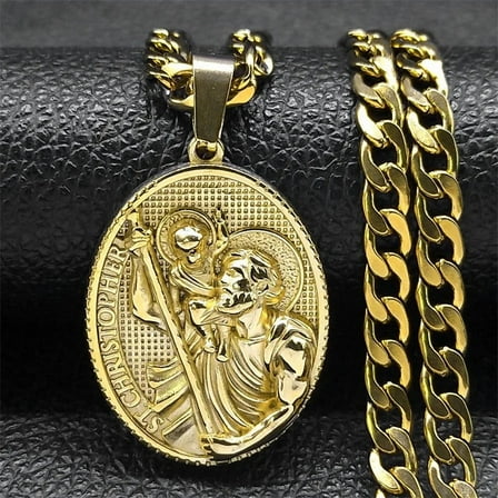 ST.Christopher Protect Us Medal Men's Necklace Saint Christopher 14K Yellow Gold Religious Necklaces Jewelry