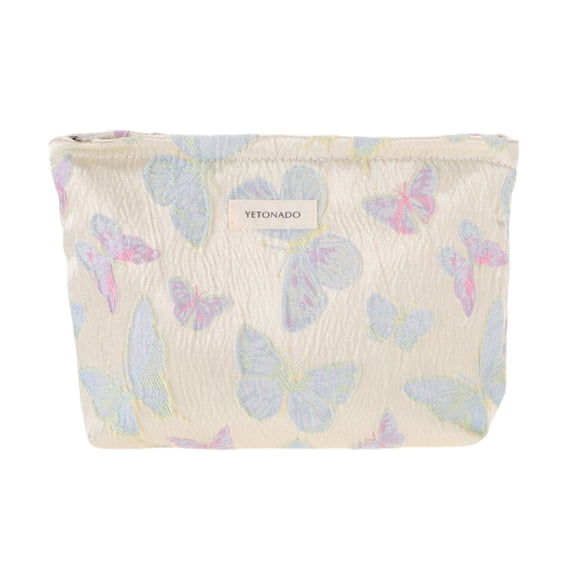 Unique Bargains 1 Pc Portable Embossment Butterfly Makeup Bag Polyester Beige Blue Large