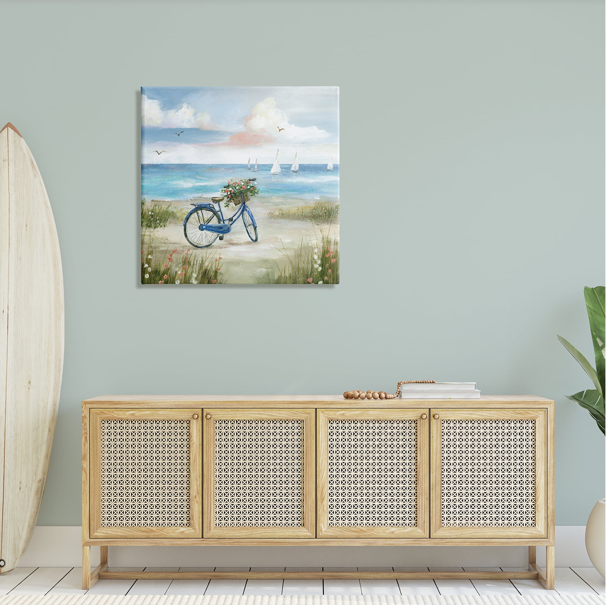Stupell Industries Charming Blue Bicycle Floral Bouquet Distant Beach Sailboats Coastal Painting Gallery-Wrapped Canvas Print Wall Art, 30 x 30, Design by Nan