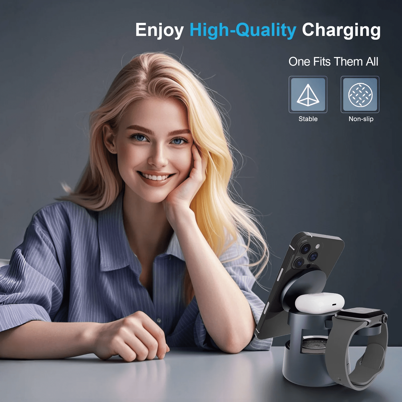 Magnetic Wireless Charger,4 in 1 Fast Charging Station Compatible for iPhone 17 16 15 14 13 12 11 8 X XR SE,3 Adjustable Light Desk Charging Station for Watch, AirPod(Black)