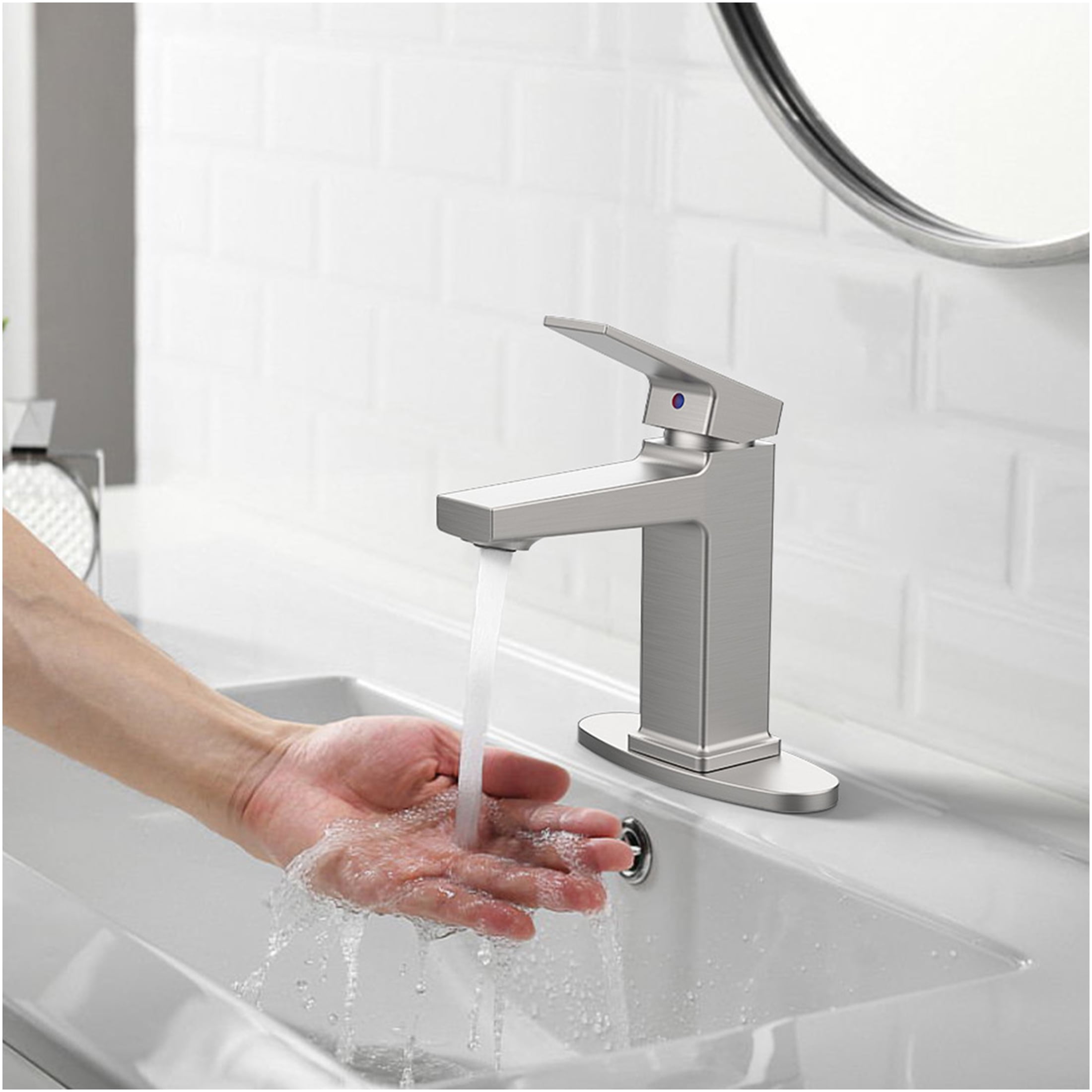 JERFIT Modern Single Handle Bathroom Sink Faucet, Brushed Nickel Vanity Faucet with Deck Plate for 1 or 3 Hole, Water Efficient, Easy Install