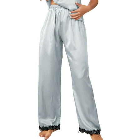 

Niuer Ladies Pj Bottoms Elastic Waist Sleepwear Solid Color Pajama Pants Casual Lounge Pant Lace Stitching Trousers Blue M