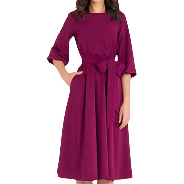TSADFHJI Jupe en Satin Maxi Couleur Unie Col Rond Manches Mi-Longues Robe Ligne A Femme P Violet