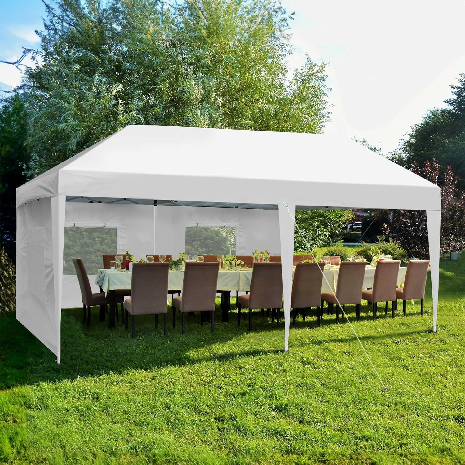 Uforic 10 ft x 20 ft Easy Pop Up Outdoor Patio Canopy Tent 6 Removable Sidewalls,4 Mesh Windows,6 Ropes,12 Stakes and 1 Carry Bag - White