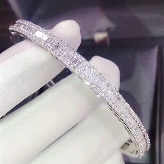 3 CT Baguette Cut White Moissanite Bangle Bracelet 14K White Gold Plated
