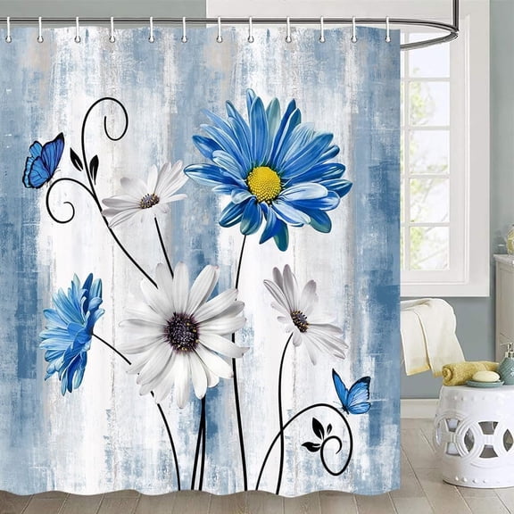 Rustic Farmhouse Teal Floral Shower Curtain, Farm Teal Daisy Flowers and Butterfly Shower Curtain for Bathroom, Country Turquoise Fabric Bath Curtains Set with Hooks, 60x72inch