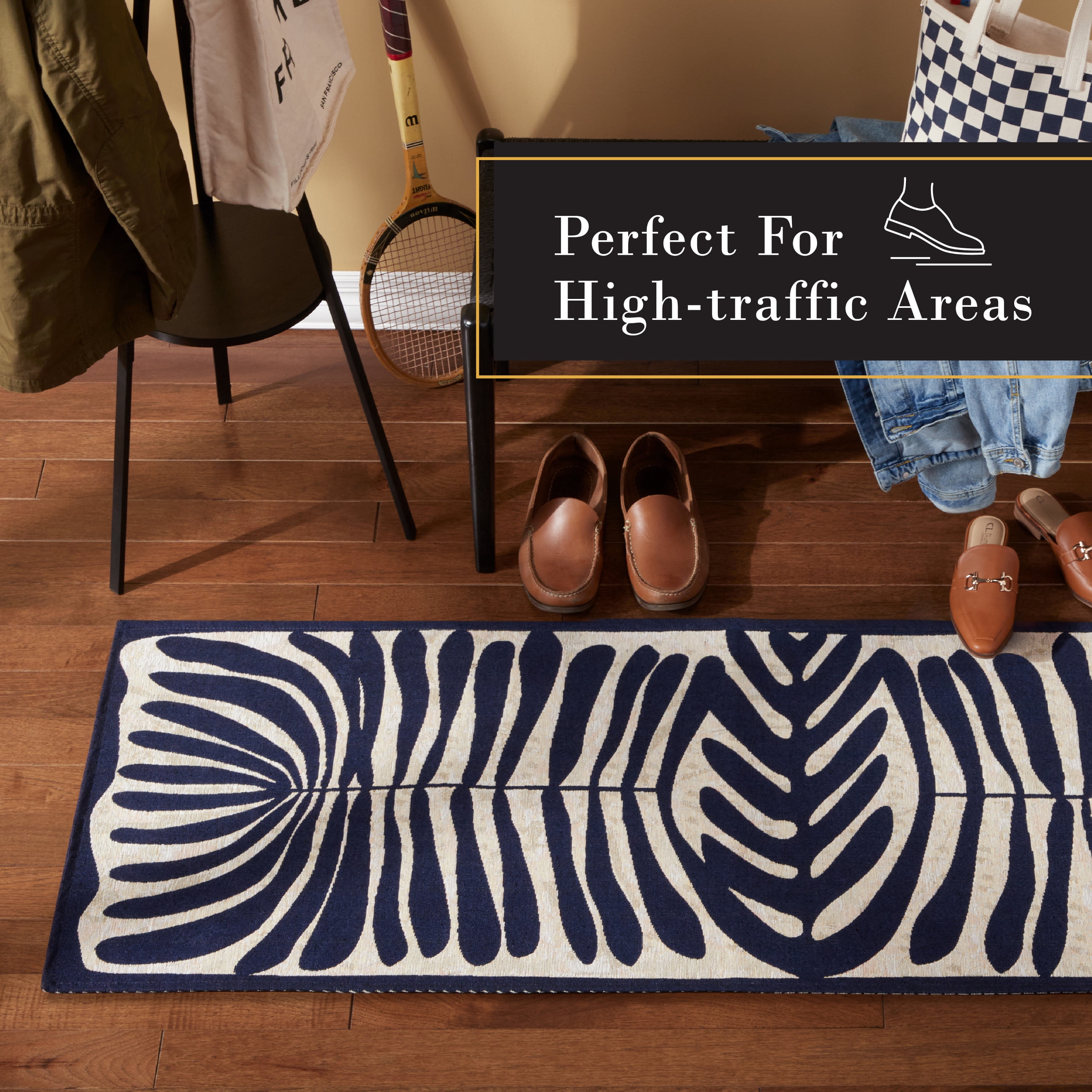 TOWN & COUNTRY LUXE Livie Matisse Cutout Everwash® Washable Multi-Use Decorative Rug, Kitchen Runner Rug, Low-Profile Door Mat, Bedroom Rug and Dorm Room Rug with Non-Slip Backing, Navy Blue, 24"x72"