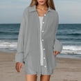 thumbnail image 3 of Conjunto de camisa y pantalones cortos de mezcla de lino liso para mujer: conjunto informal de dos piezas, tejido transpirable, tallas S-XXL, contorno de pecho 112-132 cm., 3 of 7