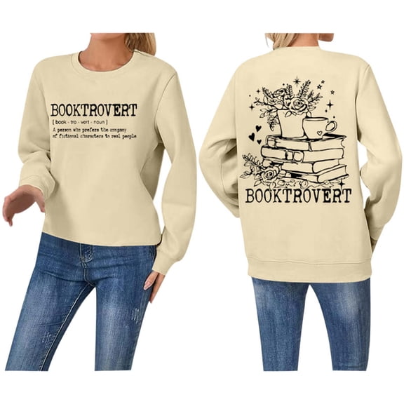 HNMKIU Women's Pullover Hoodie Letter Print Round Neck Top for Fall and Winter Hoodies for Women Beige,L
