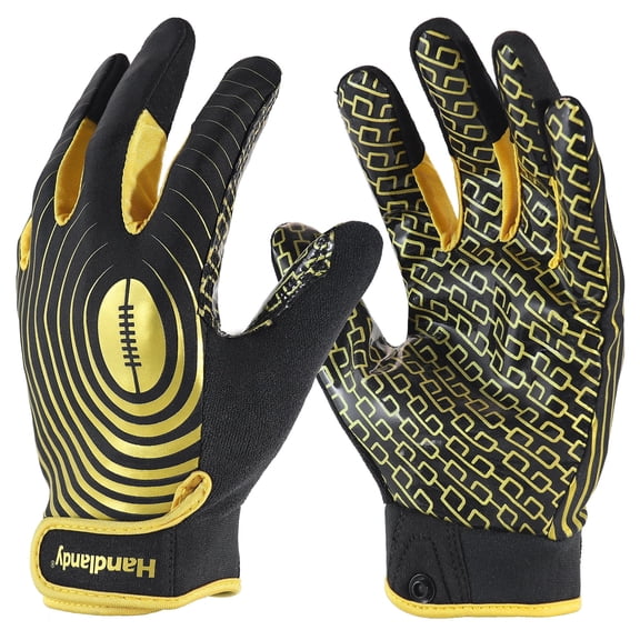 ACDANC College Football Gloves,Sticky Wide Receiver Grip Gloves for Men Black and Gold Stretch Fit Lineman Gloves,Xl