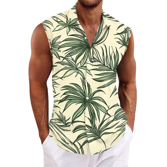 longantii Men's Casual Button Down Shirts Floral Sleeveless Hawaiian Shirt Tropical Holiday Beach Shirts 2026 Summer Casual Vacation Blouse Blue L