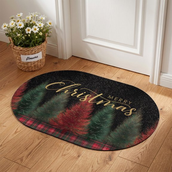 Oval Door Mat 16"x24", Red Green Christmas Tree Absorbent Non Slip Welcome Mats for Front Door, Xmas Buffalo Plaid Winter Snowflakes Diatomaceous Entryway Rug for Home Bathroom Kitchen Entrance