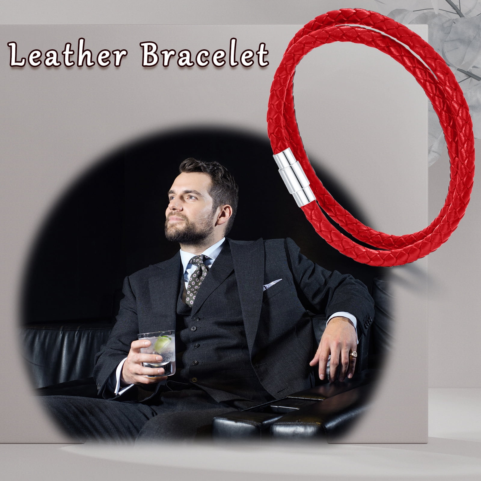WINNICACA Italian Leather Cuff Bangle Bracelet Genuine Double Wrap Red Braided Birthday Anniversary Fathers Valentines Day Gifts for Men