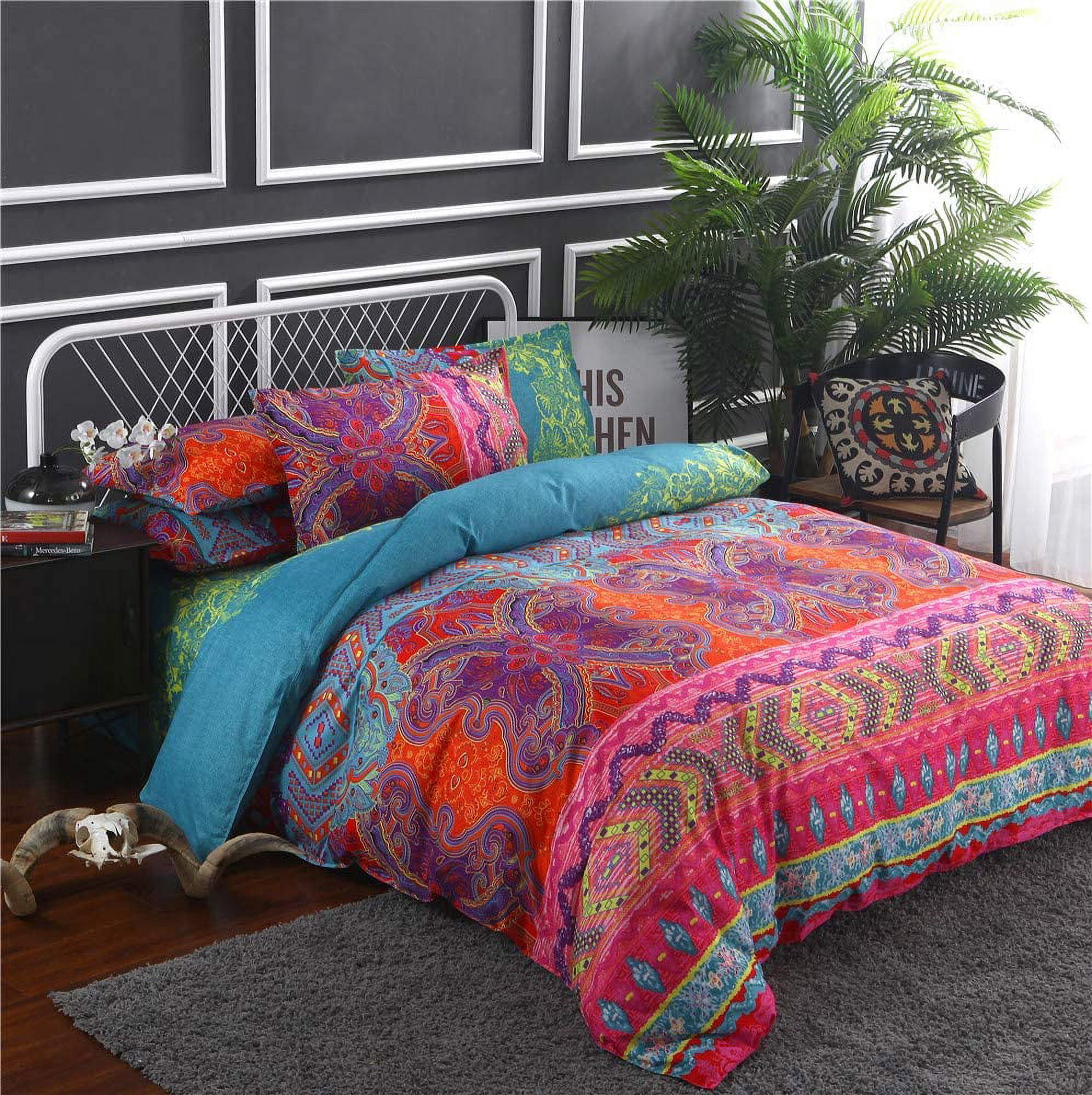 Botoutin Bohemian 3-Pieces Multicolored Red Striped Ethnic Mandala Duvet Bedding Sets, King