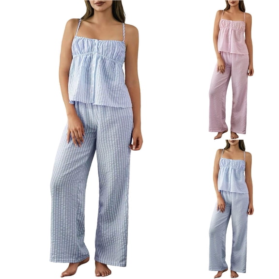 Smsaxvxz Women's Summer Spaghetti Strap Pajamas Set 2 Piece Casual Button V Neck Cami Tops and Long Pants Sleepwear Set Sky Blue L