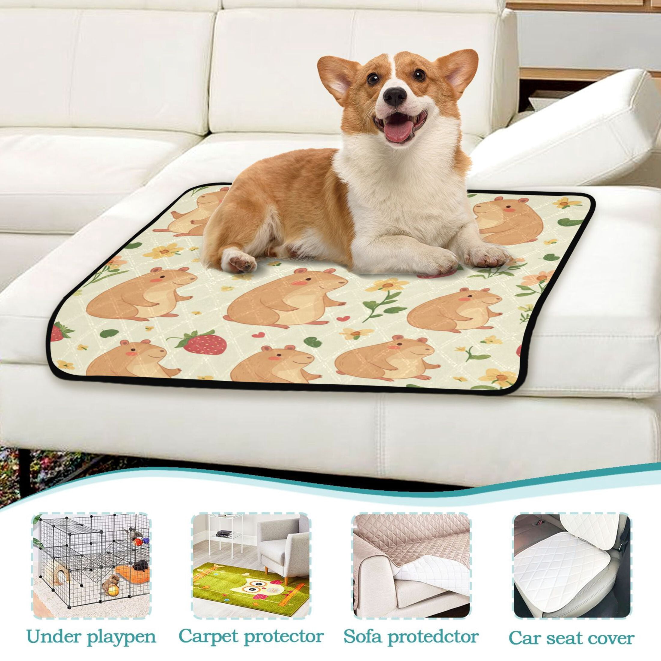 Washable Pet Pee Pads with Super Absorbent Reusable Training Pads for Dogs & Cats Capybaras and Strawberries