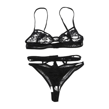 

EHTMSAK 2PCS Womens Babydoll Lace Lingerie Set Strappy High Waisted Bra and Panty Sets Sexy Teddy Lingerie black M