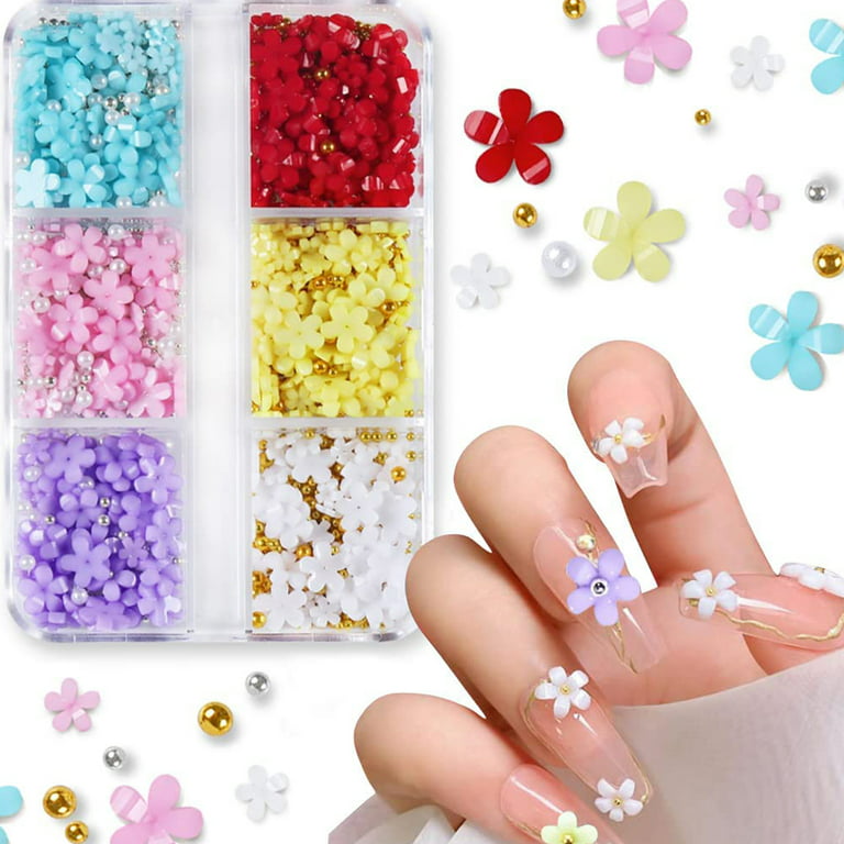 Jtween 3D Flower Nail Art Charms, 6 Grids 3D Acrylic Nail Flowers Rhinestone Light White Cherry Blossom Acrylic Nail Art Supplies with Pearls Manicure