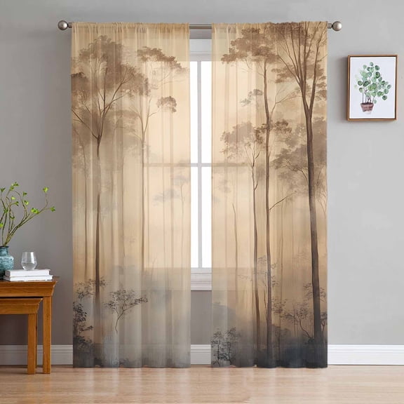 Brown Forest Sheer Curtains 84 Inch Length 2 Panels Set for Living Room/Bedroom, Vintage Farmhouse Tree Semi Curtain Sheers Drapes Rod Pocket Curtains Window Treatment Set 52''x84''x2