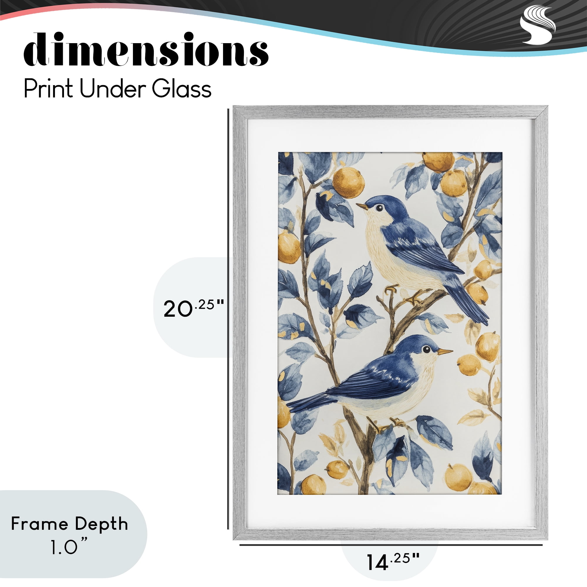 Stupell Industries Sweet Blue Birds on Lemon Branch Gray Framed Print Under Glass, design by Petal Prints Design