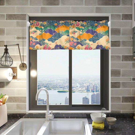 Yayeee Kitchen Valance Rod Pocket 54" x 18" Living Room Window Curtain, Beige Floral Wave