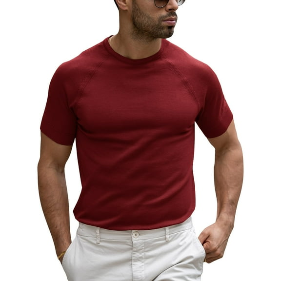 Sherrylily Men Casual T-Shirt Short Sleeve Knitted Slim Round Neck Basic Tops
